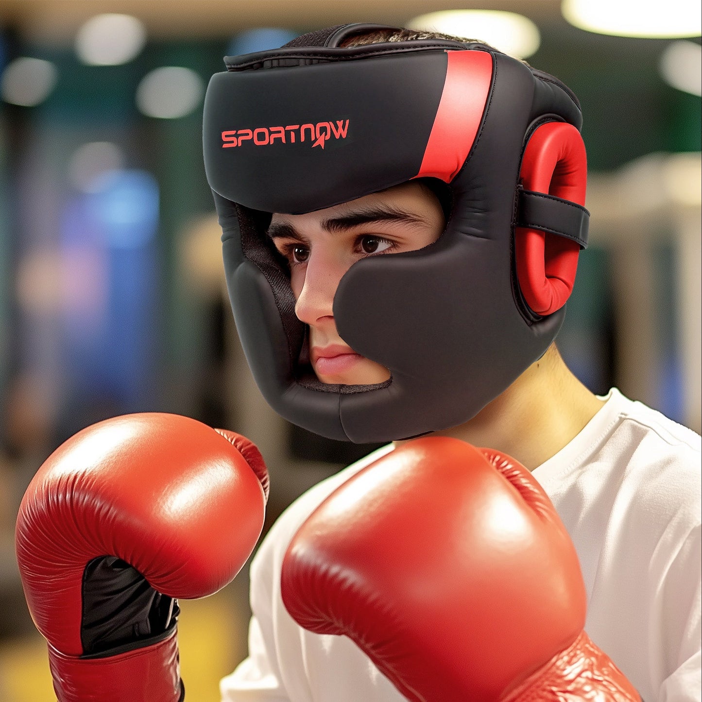 Boxing Headguard, Boxing Headgear Helmet with Adjustable Strap for Full Face Protection for Kickboxing Sparring Martial Arts Karate Taekwondo, Red